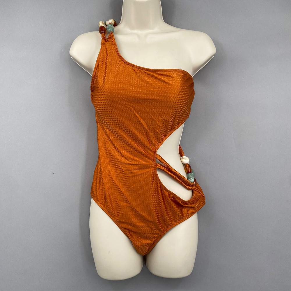 Boutique One Shoulder Cutout One Piece Swimsuit Sz L Metallic Copper Orange Bead